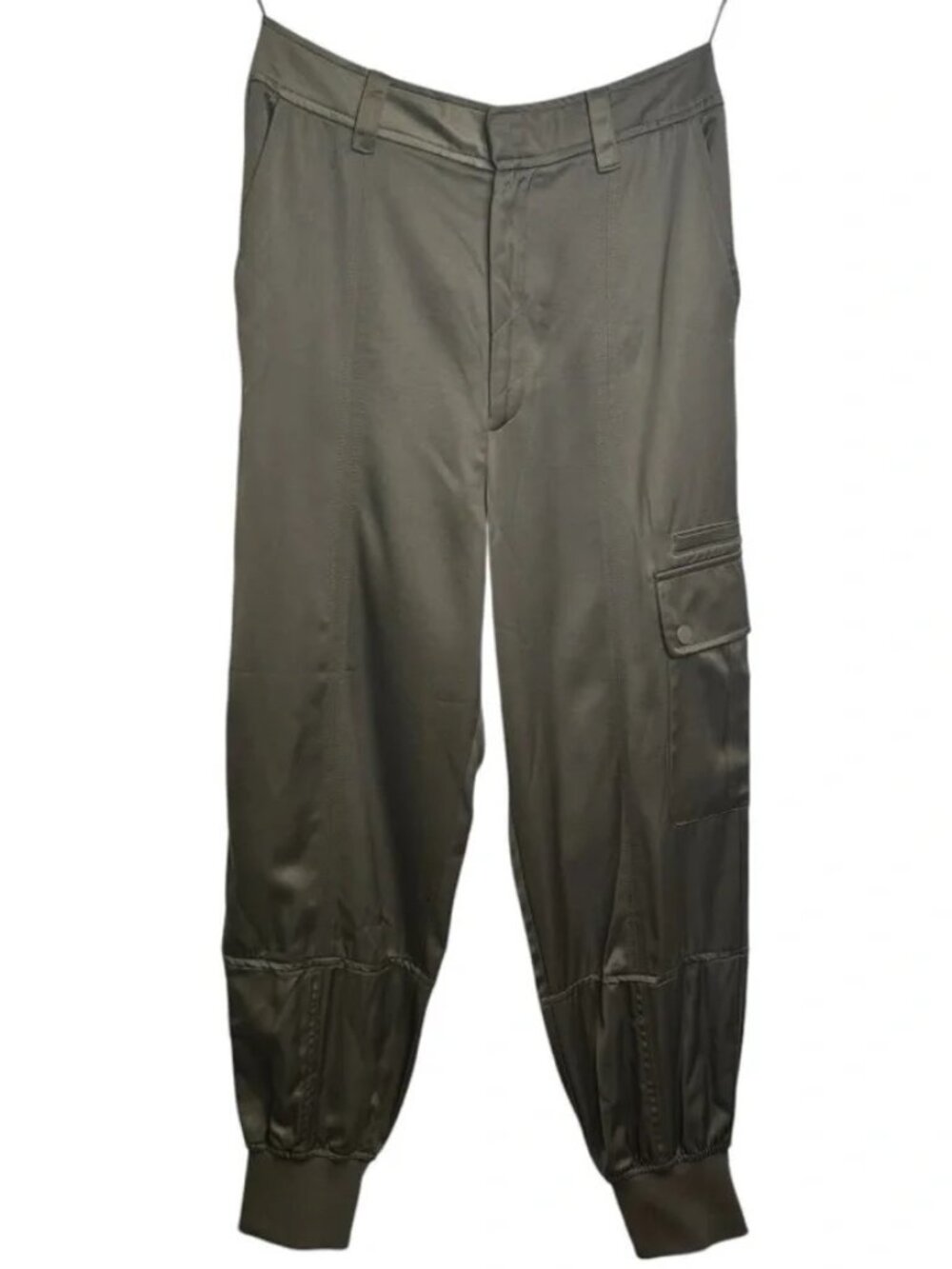 Zara Women's XS Olive Green Satin Effect Joggers Cargo Pockets Ribbed Zipper Hem